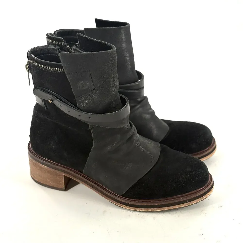 Diba True Copper Tail Suede Boots 7.5 Black Ankle Booties Leather Heel Grunge